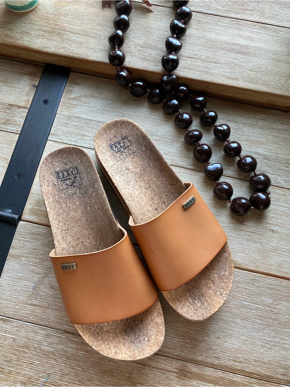 Reef Women's Tan Slide Sandals with Cork Footbed
